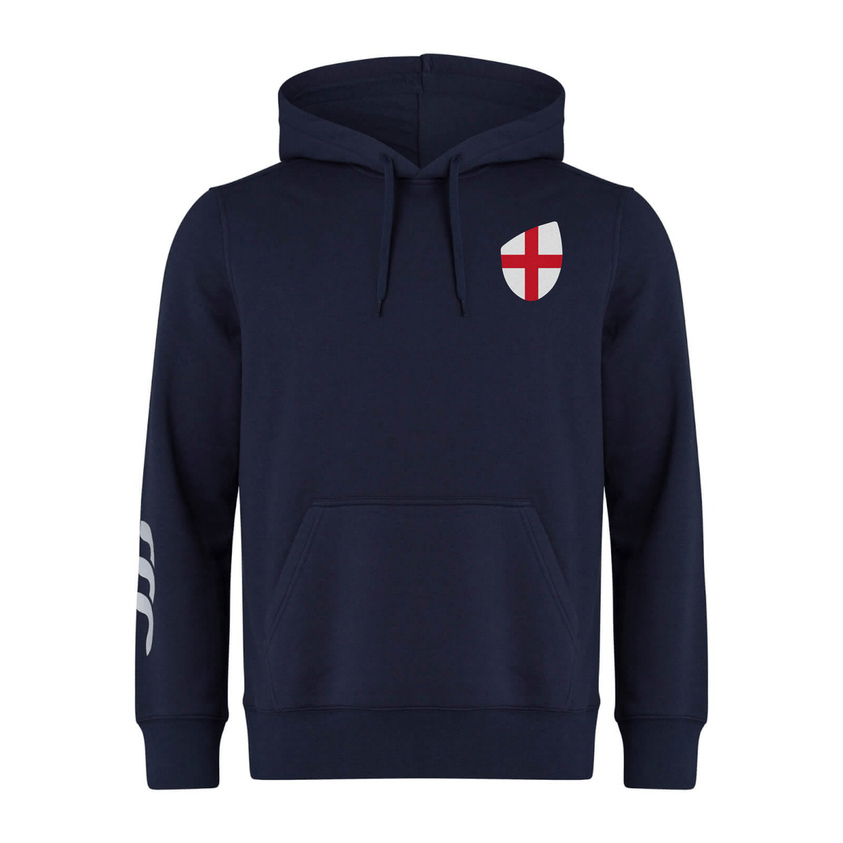 The England Shield Club Hoodie by EMB Canterbury features a navy blue color with white and red shield emblem on the chest, white stripes on the right sleeve, and is made from cozy sweatshirt fleece for ultimate comfort plus subtle branding for classic style.