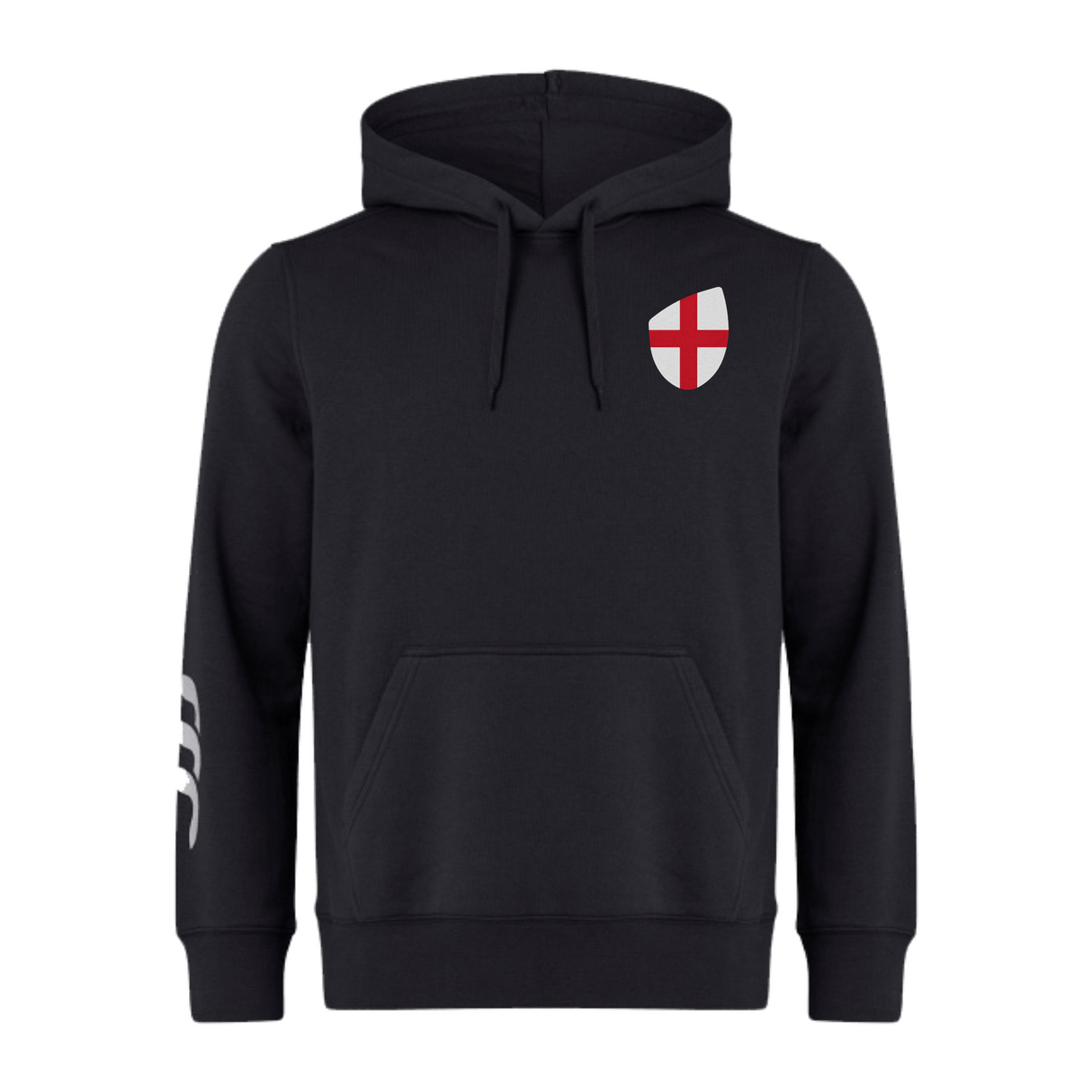 The England Shield Club Hoodie by EMB Canterbury is made from sweatshirt fleece and features a black design with a front pocket, the Canterbury branding, a red and white shield emblem on the chest, and a white stripe detail on the left sleeve.
