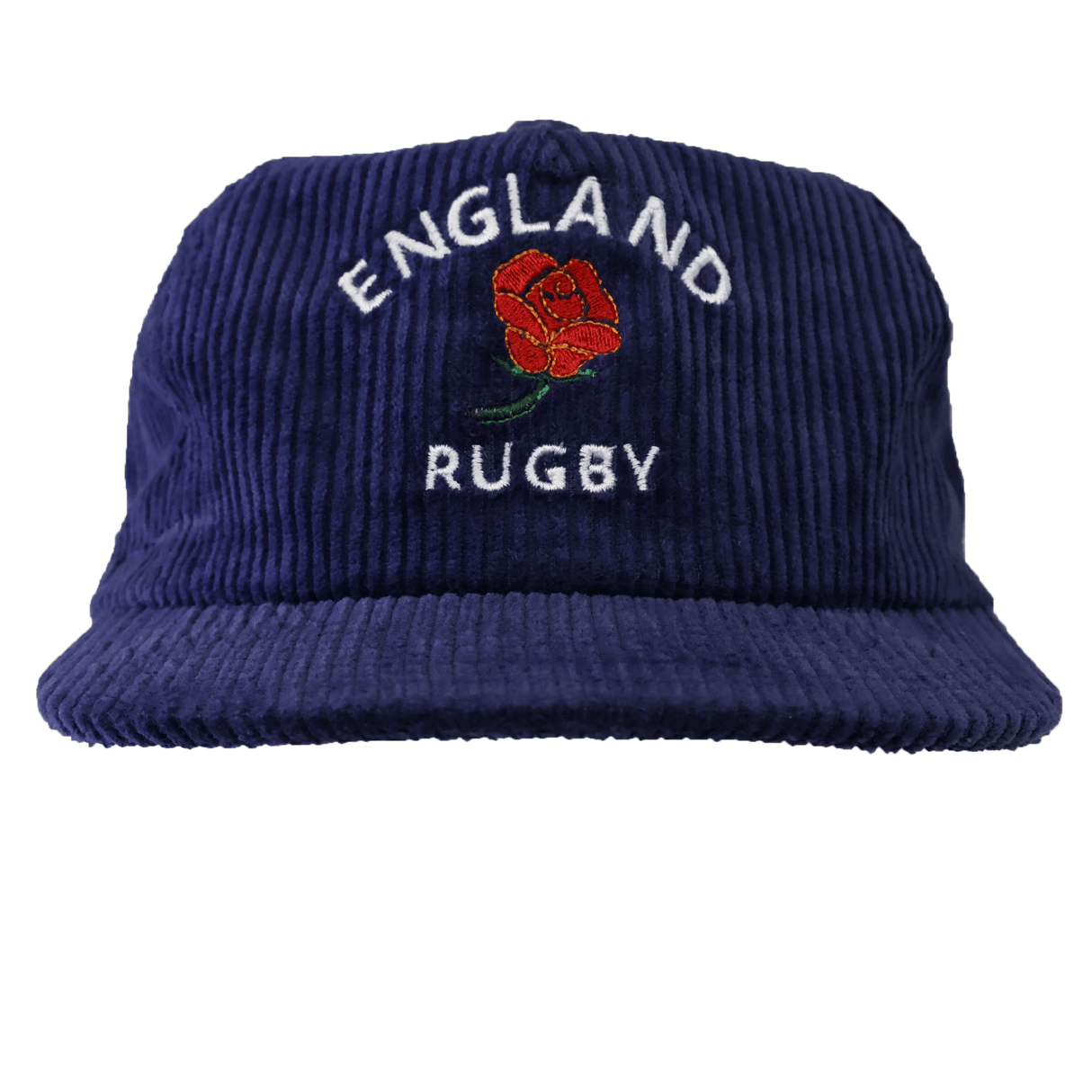 The EMB Weld Nations of Rugby England Corduroy Field Trip Cap features "ENGLAND RUGBY" and a red rose embroidered on blue corduroy—a classic vintage hat for true rugby fans.