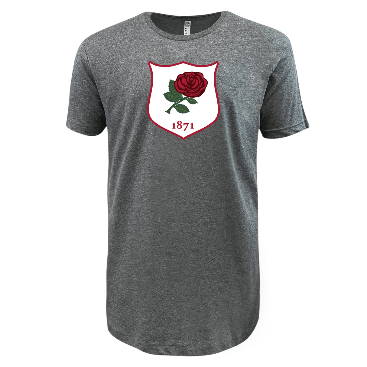 Nations of Rugby Vintage England Supersoft Tee with a shield design on the chest featuring a red rose and the year 1871, inspired by vintage England rugby, from WRS LAT.