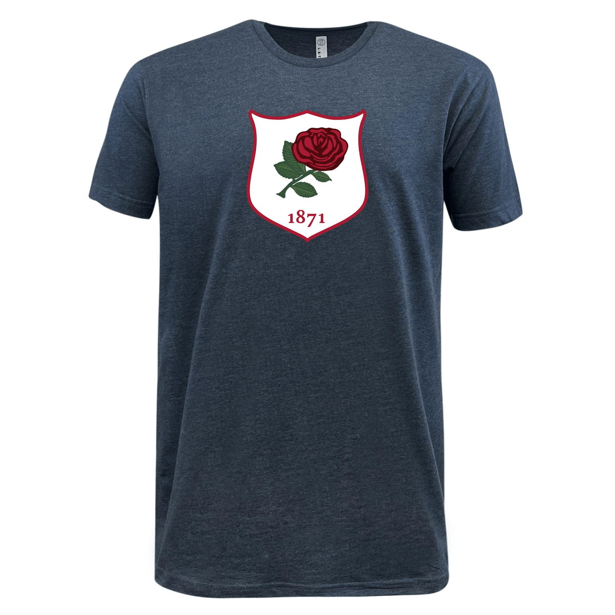 A gray Nations of Rugby Vintage England Supersoft Tee by WRS LAT featuring a shield-shaped logo with a red rose and the year 1871 printed in the center.