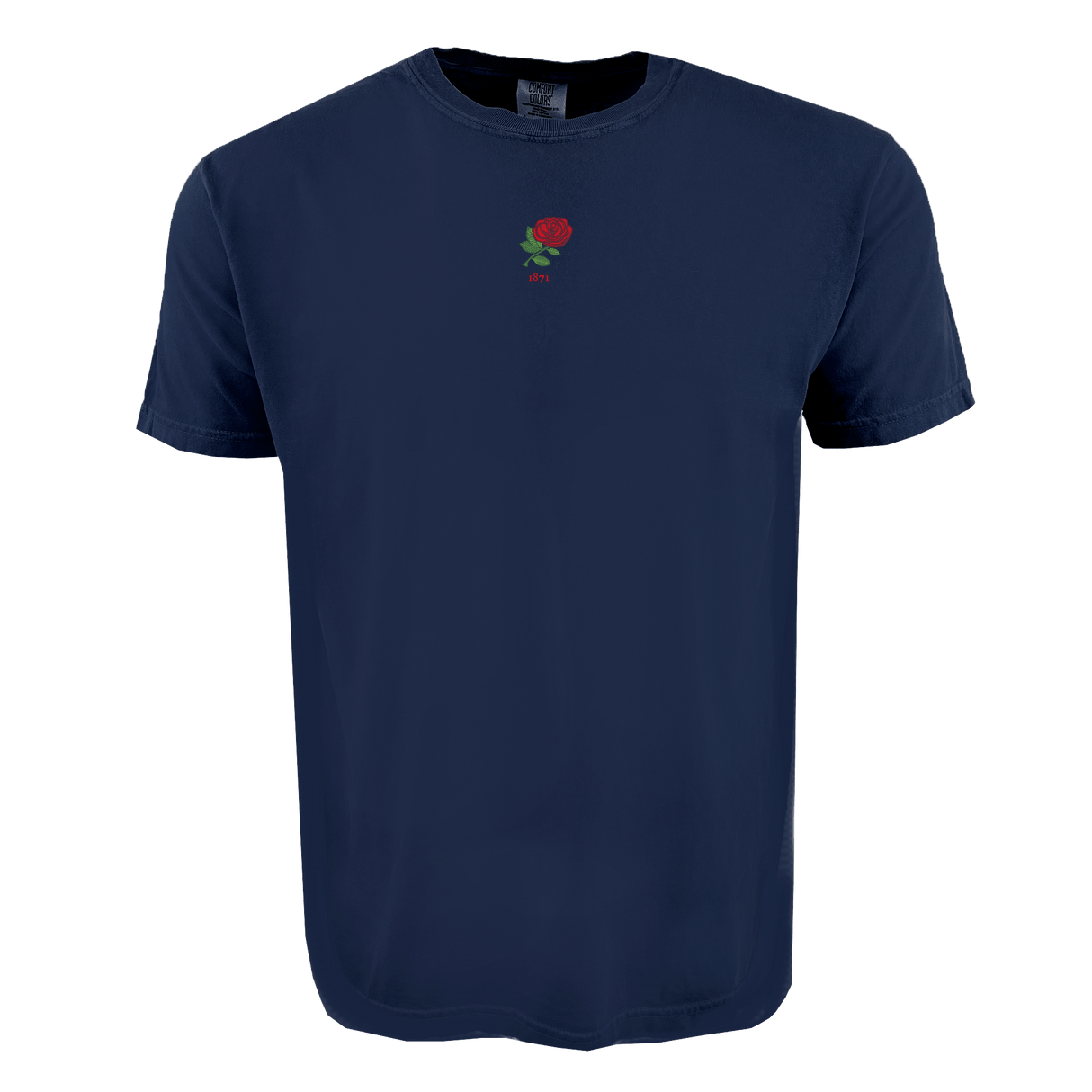 The EMB S&S Activewear England Vintage Comfort Tee in navy blue features a small red rose and "1977" on the chest—combining classic rugby style with comfort for true fans.