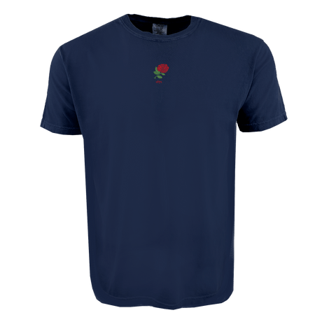 The EMB S&S Activewear England Vintage Comfort Tee in navy blue features a small red rose and "1977" on the chest—combining classic rugby style with comfort for true fans.