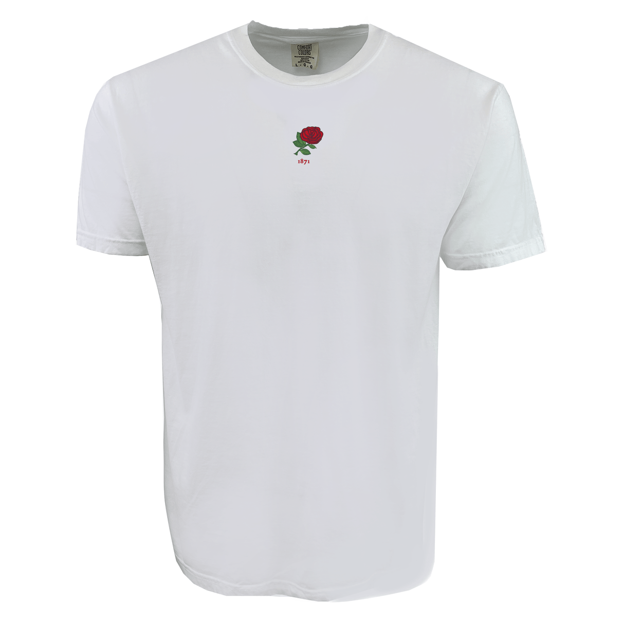 The EMB S&S Activewear England Vintage Comfort Tee is a plain white shirt featuring a small red rose and "ily." embroidered on the chest—ideal for rugby fans who appreciate classic style.