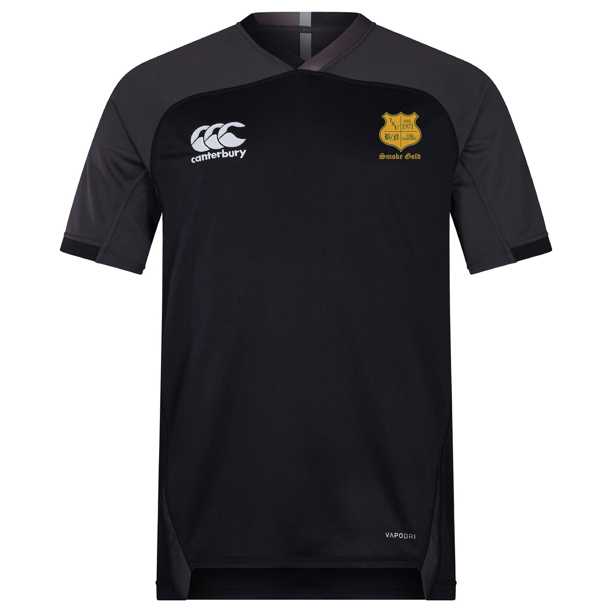 Black and dark gray Illinois State University Vapodri Evader Jersey by EMB Canterbury, showcasing the "Canterbury" logo on the left chest and a "Rugby Club" crest on the right. Designed with moisture-wicking technology, its VapoDri finish keeps you cool and comfortable under pressure.