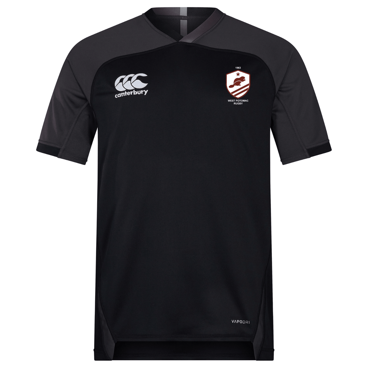 The West Potomac RFC Vapodri Evader Jersey by EMB Canterbury features black short sleeves, dark grey sleeves, a rugby crest on the left chest, a Canterbury logo on the right, and moisture-wicking technology—ideal for Rugby World Cup fans.