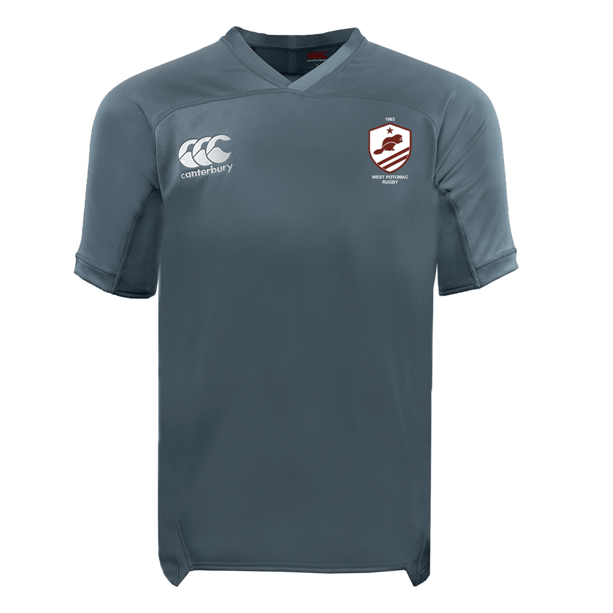 The West Potomac RFC Vapodri Evader Jersey by EMB Canterbury is a plain grey short-sleeve top with moisture-wicking tech, a white EMB Canterbury logo on the right chest, and a West Potomac RFC crest on the left.