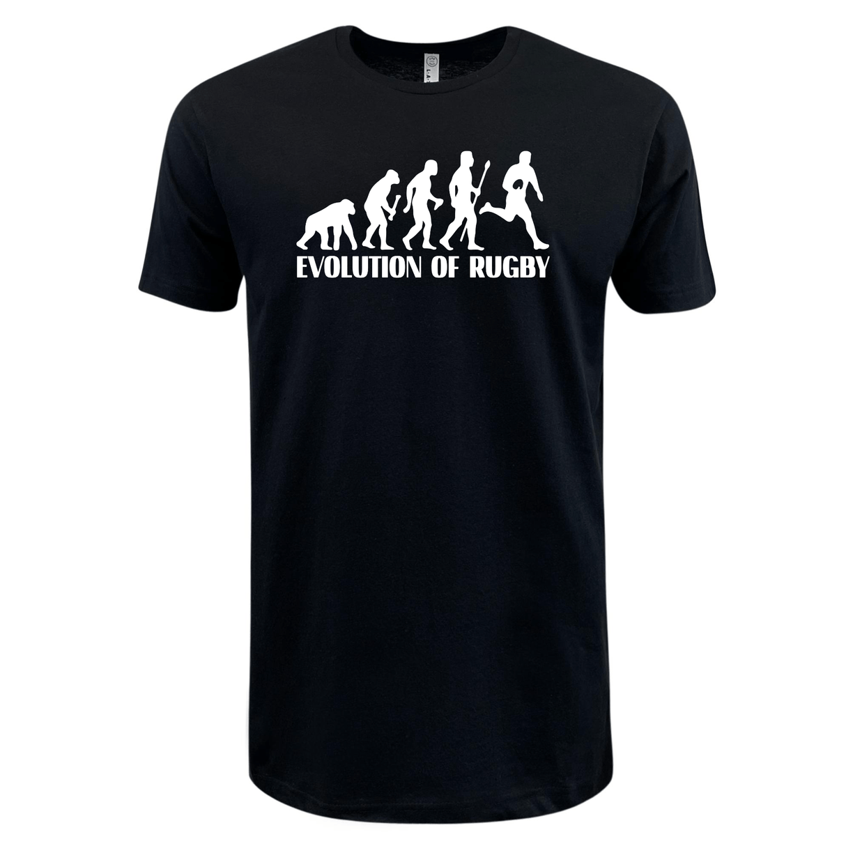 Black Evolution of Rugby Supersoft Tee with a white graphic showing the evolution of a rugby player from an ape to a modern player, titled "evolution of rugby" by WRS LAT.