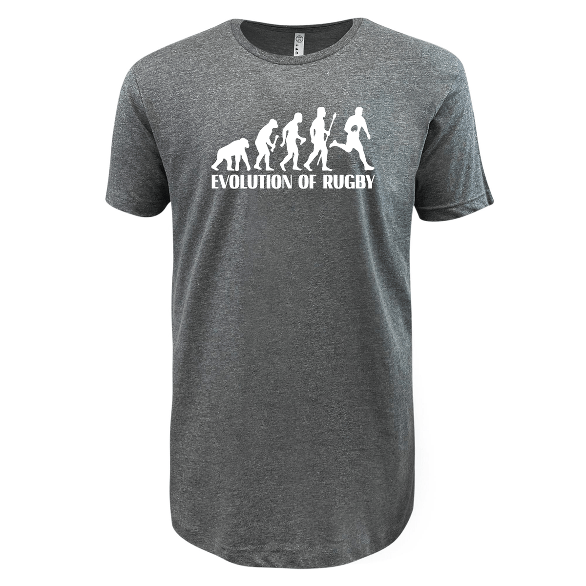Evolution of Rugby Supersoft tee with a white "evolution of rugby" graphic depicting the progression from ape to rugby player by 99 Collection from WRS LAT.