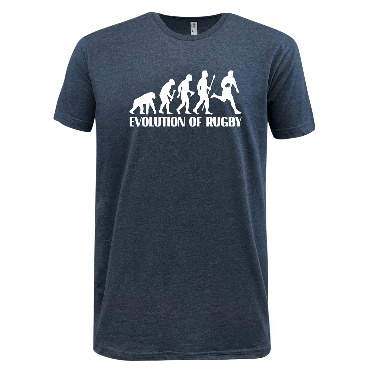A lightweight Evolution of Rugby Supersoft Tee with a white graphic depicting the evolution of rugby, showing a progression from an ape to a rugby player by WRS LAT.