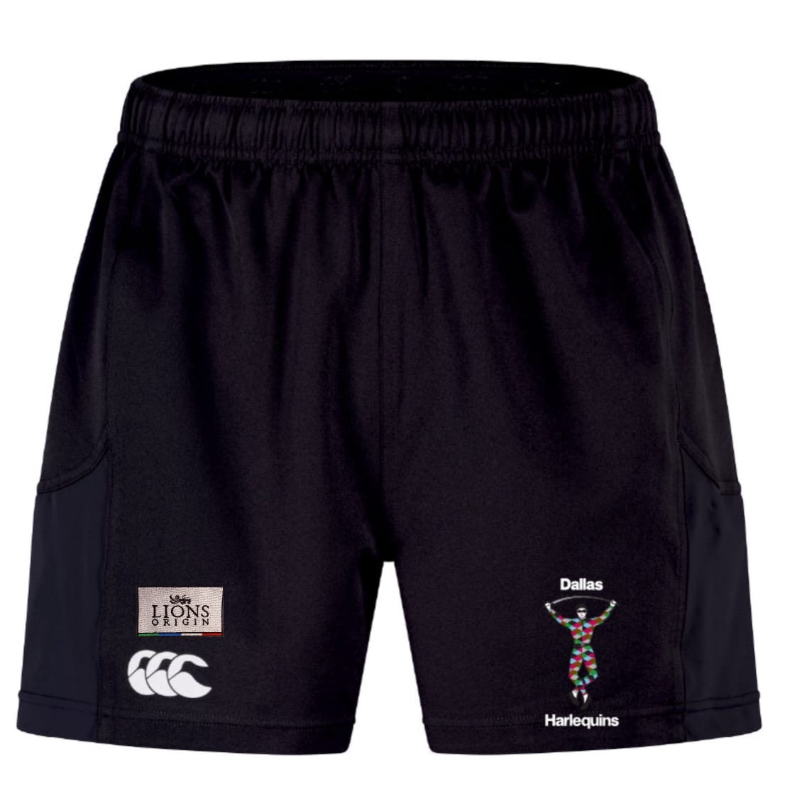 The Dallas Harlequins Lions Origin Advantage Short 2.0 by EMB Canterbury features an elastic waistband, Canterbury logo, Lions Origin patch, multicolored Harlequins Dallas logo, and is made with recycled materials for sustainability.