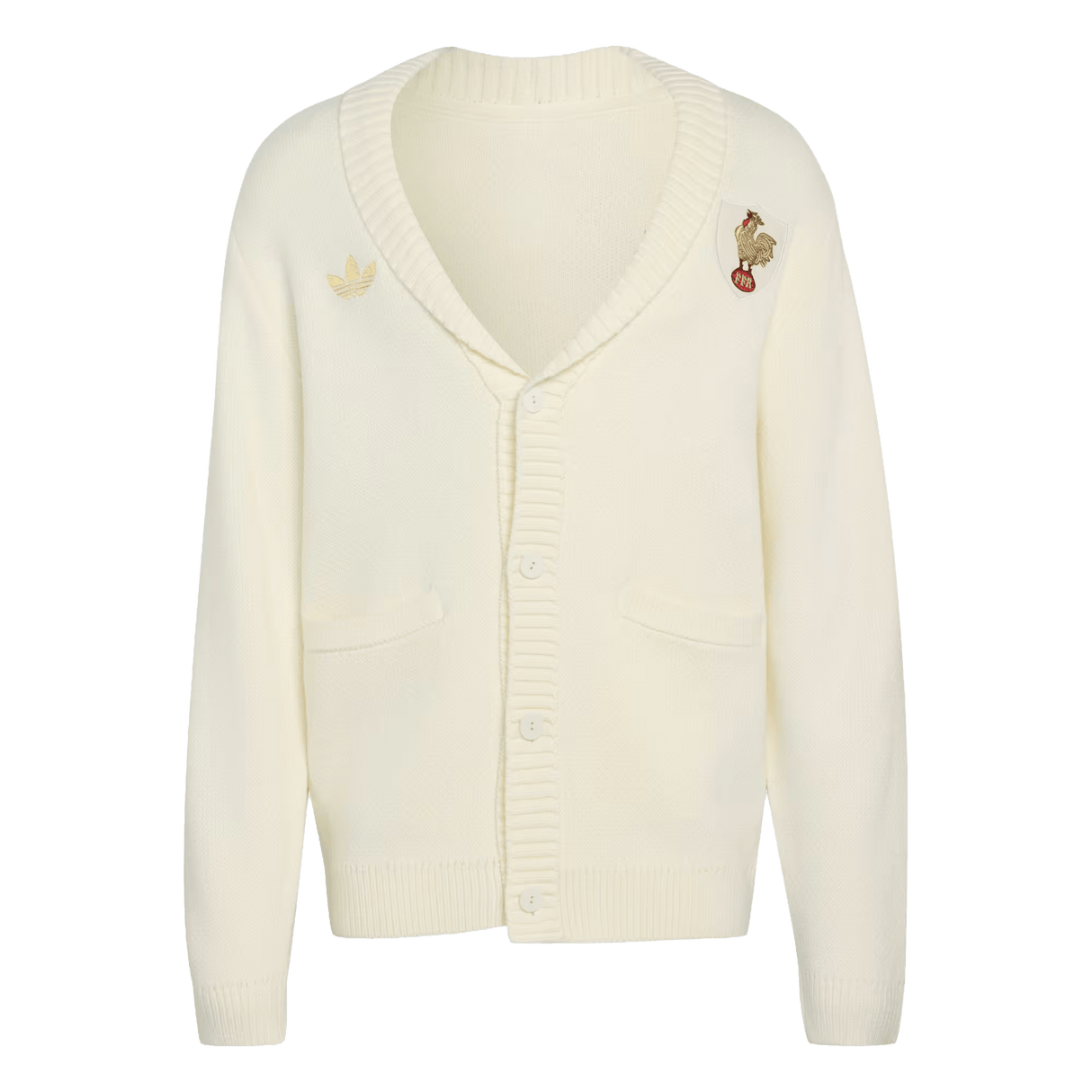 The France FFR 120 Year Cardigan by adidas is a cream rugby cardigan featuring two front pockets, button closure, and embroidered chest patches—an adidas logo and a bear on a unicycle—celebrating French rugby heritage.