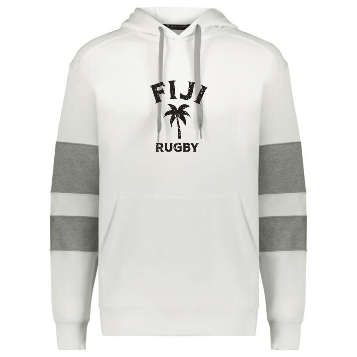 The WRS Augusta Nations of Rugby Fiji Jackson Way Hoodie features grey sleeve stripes and a black "FIJI RUGBY" with palm tree graphic on a white hoodie—perfect for any rugby or Fiji fan.