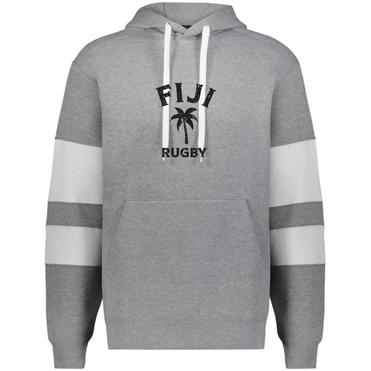 The WRS Augusta Nations of Rugby Fiji Jackson Way Hoodie is grey with white drawstrings and sleeve stripes, featuring "FIJI RUGBY" text and a palm tree graphic on the chest.