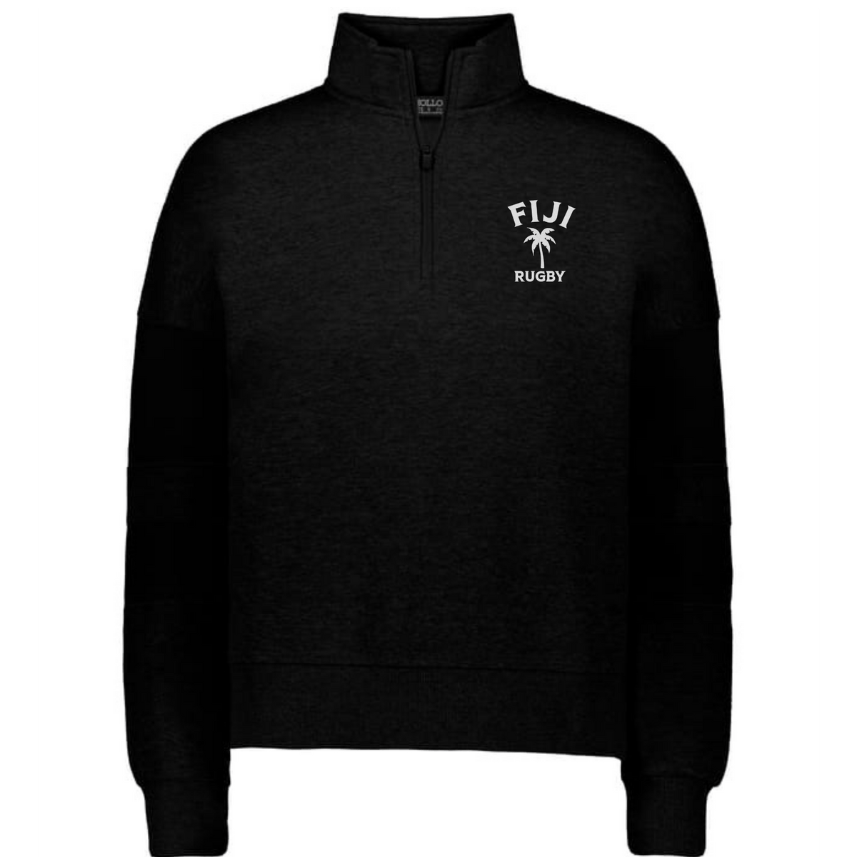 The EMB Augusta Women's Nations of Rugby Fiji Jackson Way Pullover is a black top with "FIJI RUGBY" and a white palm tree logo on the left chest—ideal supporter apparel for any fan.