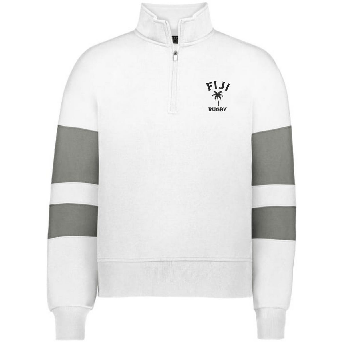 Show your pride in the EMB Augusta Women's Nations of Rugby Fiji Jackson Way Pullover, featuring gray sleeve stripes and a "Fiji Rugby" logo with palm tree on the left chest. Perfect stylish rugby supporter apparel.