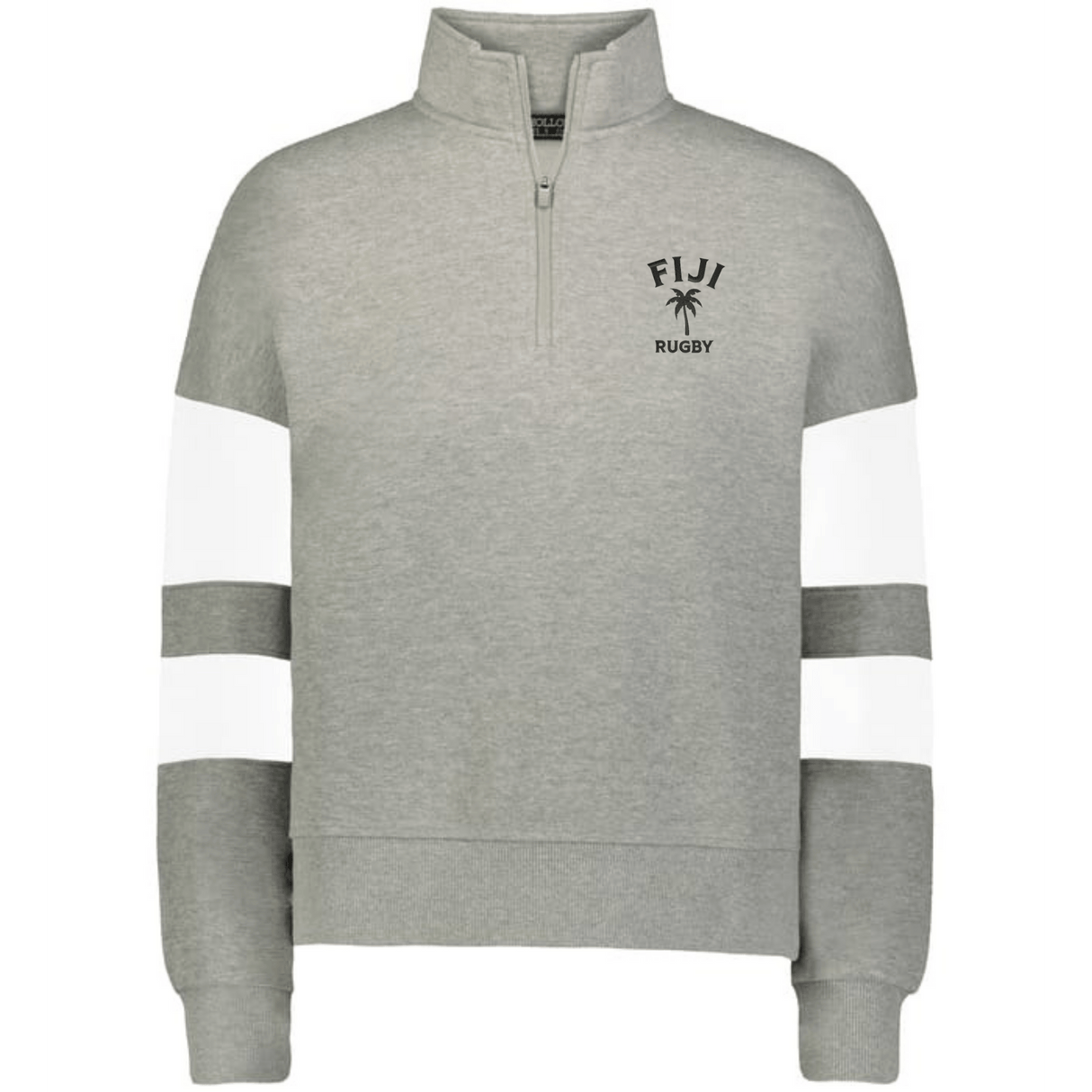 The EMB Augusta Women's Nations of Rugby Fiji Jackson Way Pullover is a light grey cropped fleece quarter-zip with white sleeve stripes and "FIJI RUGBY" plus palm tree logo on the left chest—perfect supporter apparel.
