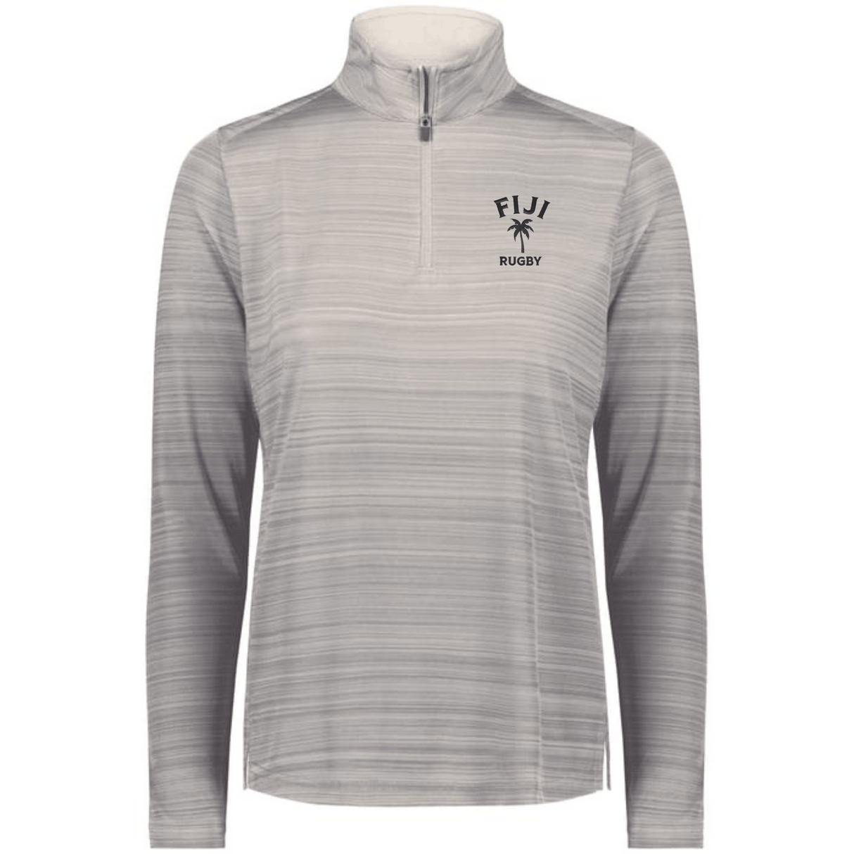 The EMB Augusta Women's Nations of Rugby Fiji Pursuit 1/4 Zip Pullover features light grey fabric with subtle horizontal stripes, a "FIJI RUGBY" palm tree chest logo, and moisture-wicking material for lasting comfort.