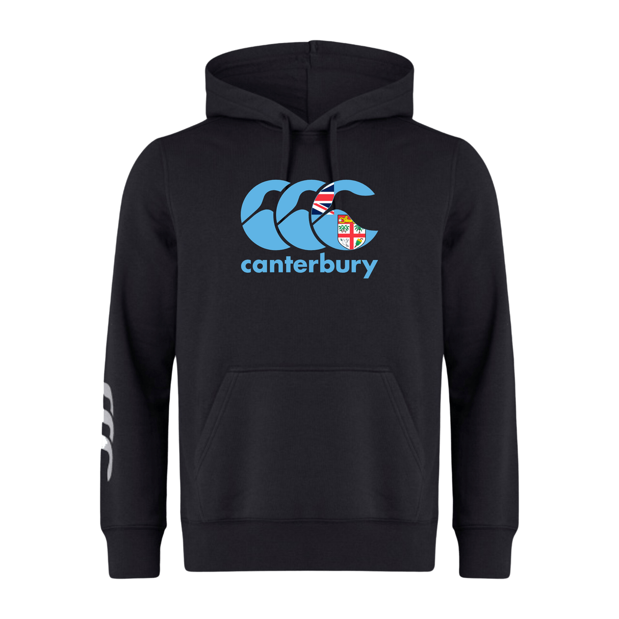 The Canterbury Fiji CCC Flag Club Hoodie by WRS Canterbury is a black sweatshirt with a blue and red CCC logo on the chest and a white one on the left sleeve.