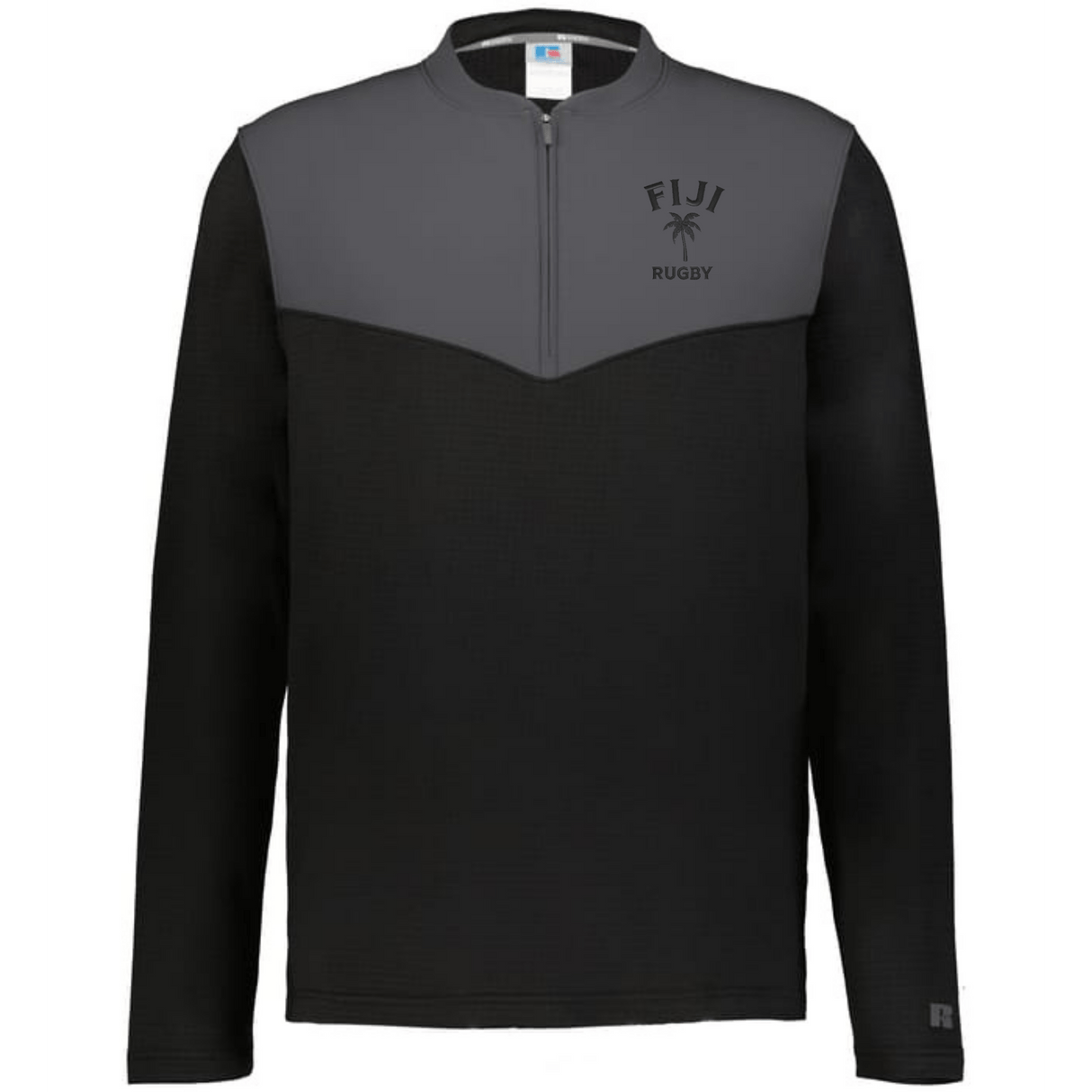 The EMB Augusta Nations of Rugby Fiji Sideline Grid 1/4 Zip Pullover is a black and gray fleece with "FIJI RUGBY" and palm tree logo on the chest—ideal for fans supporting Fiji rugby.