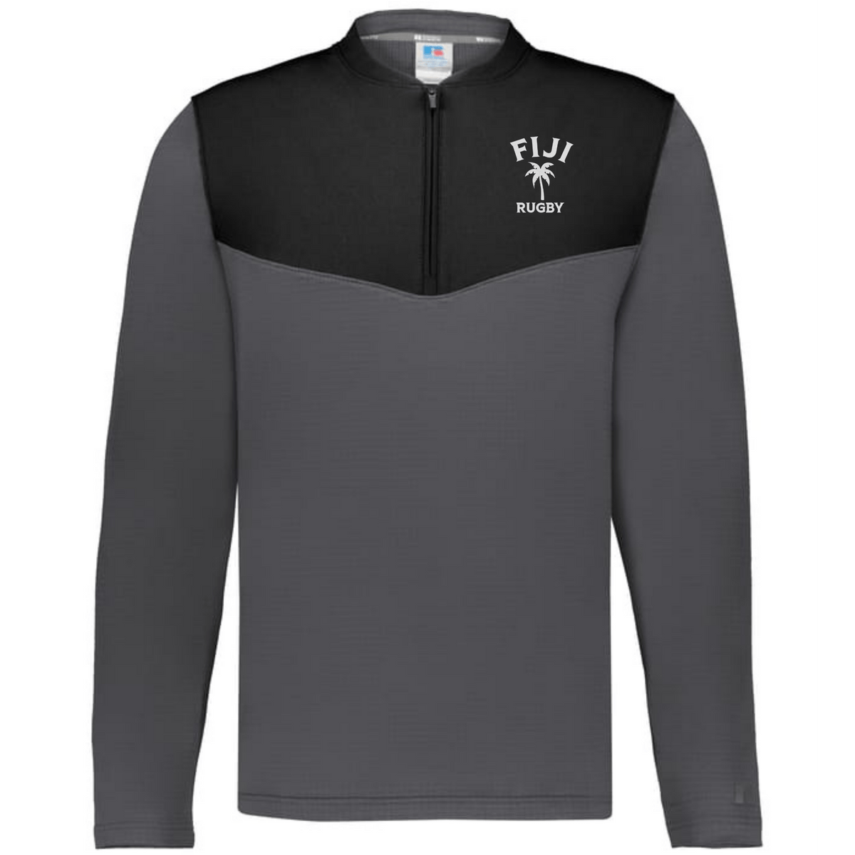 The EMB Augusta Nations of Rugby Fiji Sideline Grid 1/4 Zip Pullover features a black yoke, gray body and sleeves, and a "FIJI RUGBY" palm tree logo on the left chest—ideal for rugby fans.