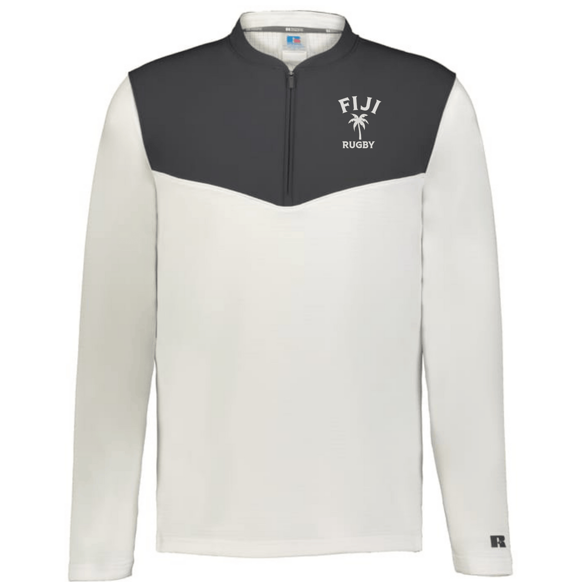 The EMB Augusta Nations of Rugby Fiji Sideline Grid 1/4 Zip Pullover features a dark gray yoke, white body, and "FIJI RUGBY" with palm tree graphic—ideal apparel for passionate rugby fans.