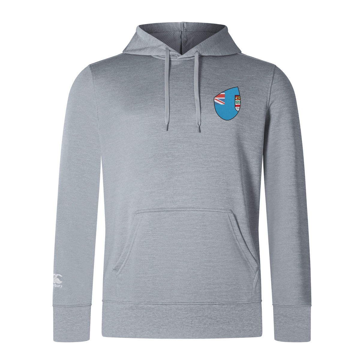The Fiji Shield Club Lightweight Hoodie by EMB Canterbury is a gray, lightweight, hooded sweatshirt with a small Fiji shield emblem on the chest and a logo on the sleeve—ideal for rugby supporters.