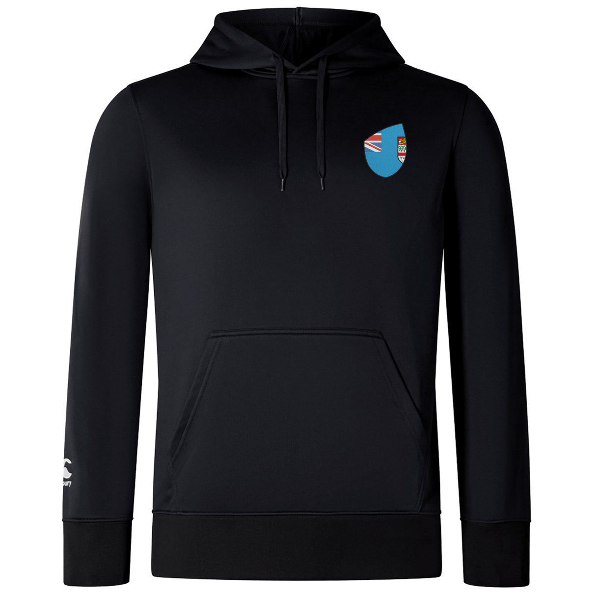 The Fiji Shield Club Lightweight Hoodie by EMB Canterbury is black, featuring a blue shield emblem on the chest and a small logo on the sleeve—ideal for rugby supporters.