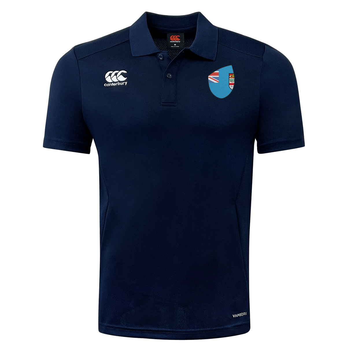 Navy blue Fiji Shield Club Dry Polo rugby shirt with the EMB Canterbury logo on the right chest and a Fiji Shield Club emblem on the left chest.