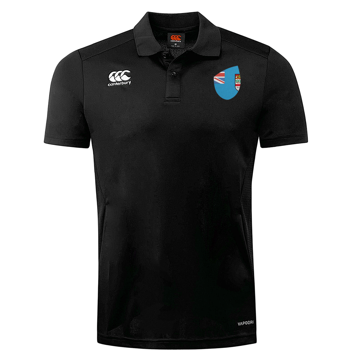 Black EMB Canterbury Dry Polo shirt with a collar, featuring the ccc logo on the right chest and a Fiji Shield Club emblem on the left chest.