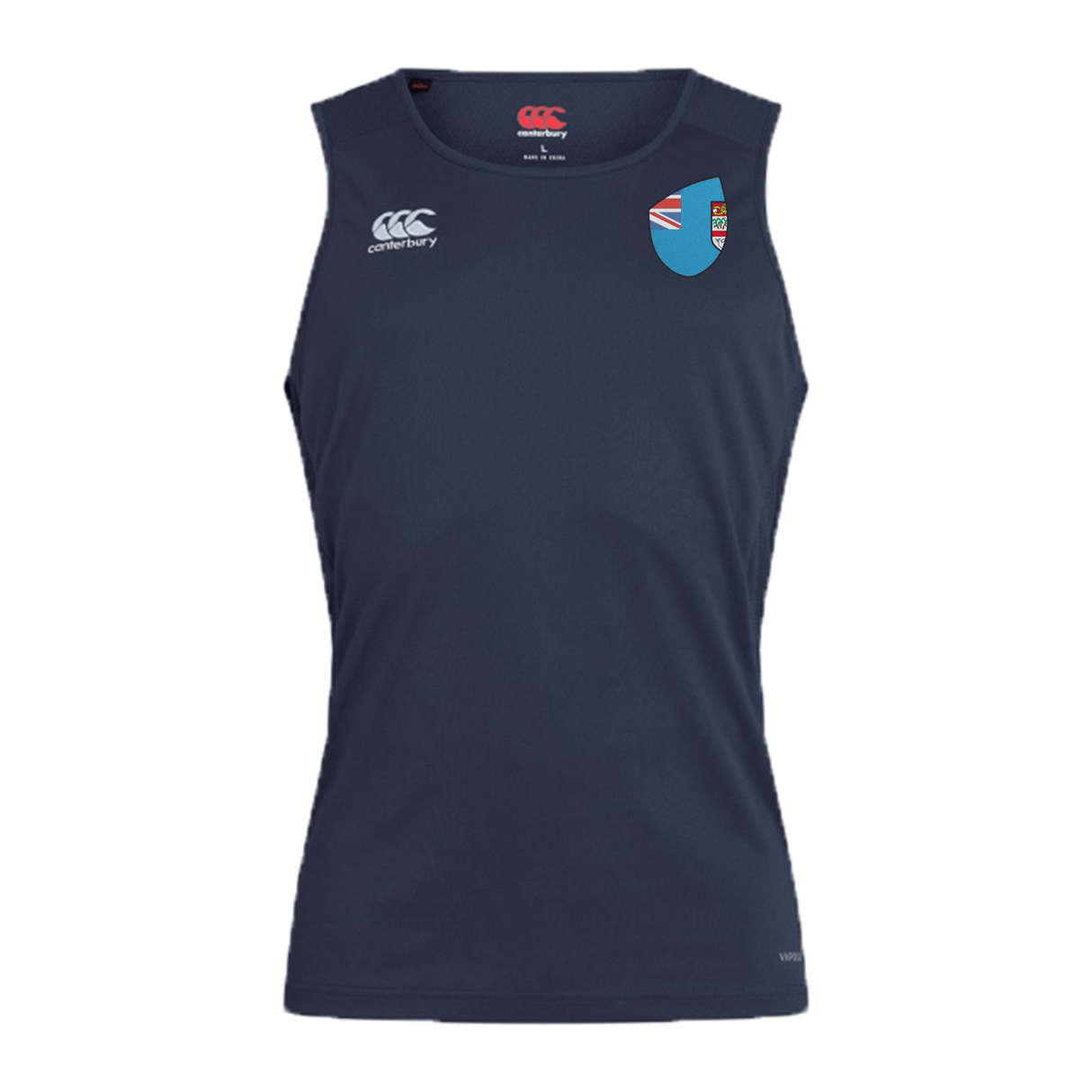 A dark blue EMB Canterbury Fiji Shield Club Dry Singlet with a small logo on the chest and a Fiji Shield Club emblem on the upper left side.