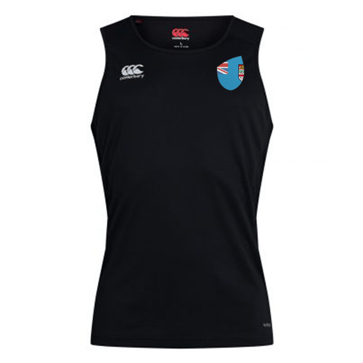 A black sleeveless Fiji Shield Club Dry Singlet featuring a Canterbury logo on the right chest and a Fiji Rugby Shield Club emblem on the left chest.