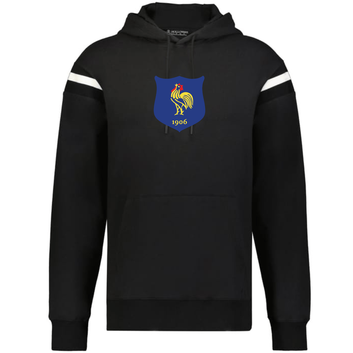 The WRS Augusta France Heritage Prep Vintage Shield Hoodie features a black design with white sleeve stripes, plus a blue shield logo with a yellow rooster and "1906"—perfect for rugby fans.