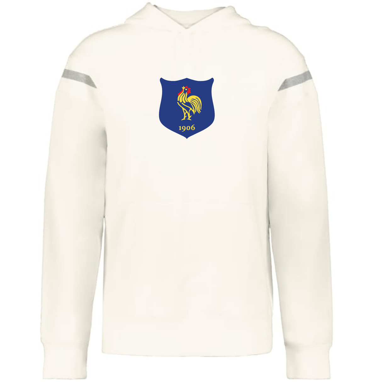 The WRS Augusta France Heritage Prep Vintage Shield Hoodie is white with grey shoulder stripes and a blue crest on the chest featuring a yellow rooster and "1906".