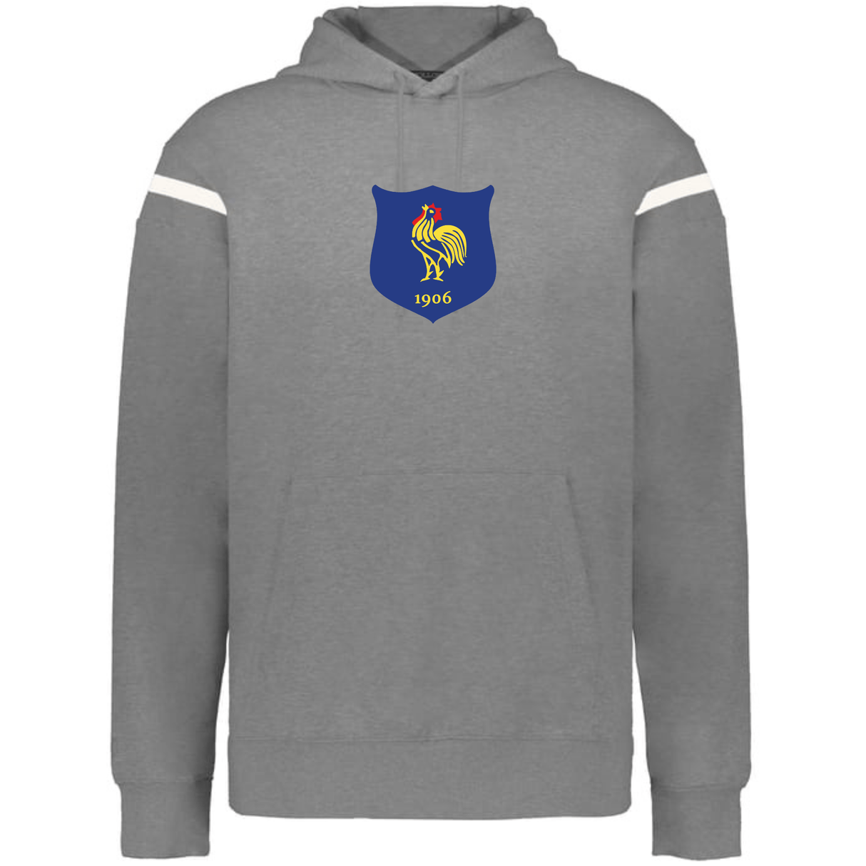 The WRS Augusta France Heritage Prep Vintage Shield Hoodie features gray fabric, white sleeve stripes, and a blue shield with a yellow rooster and "1906" on the chest—ideal for rugby fans.