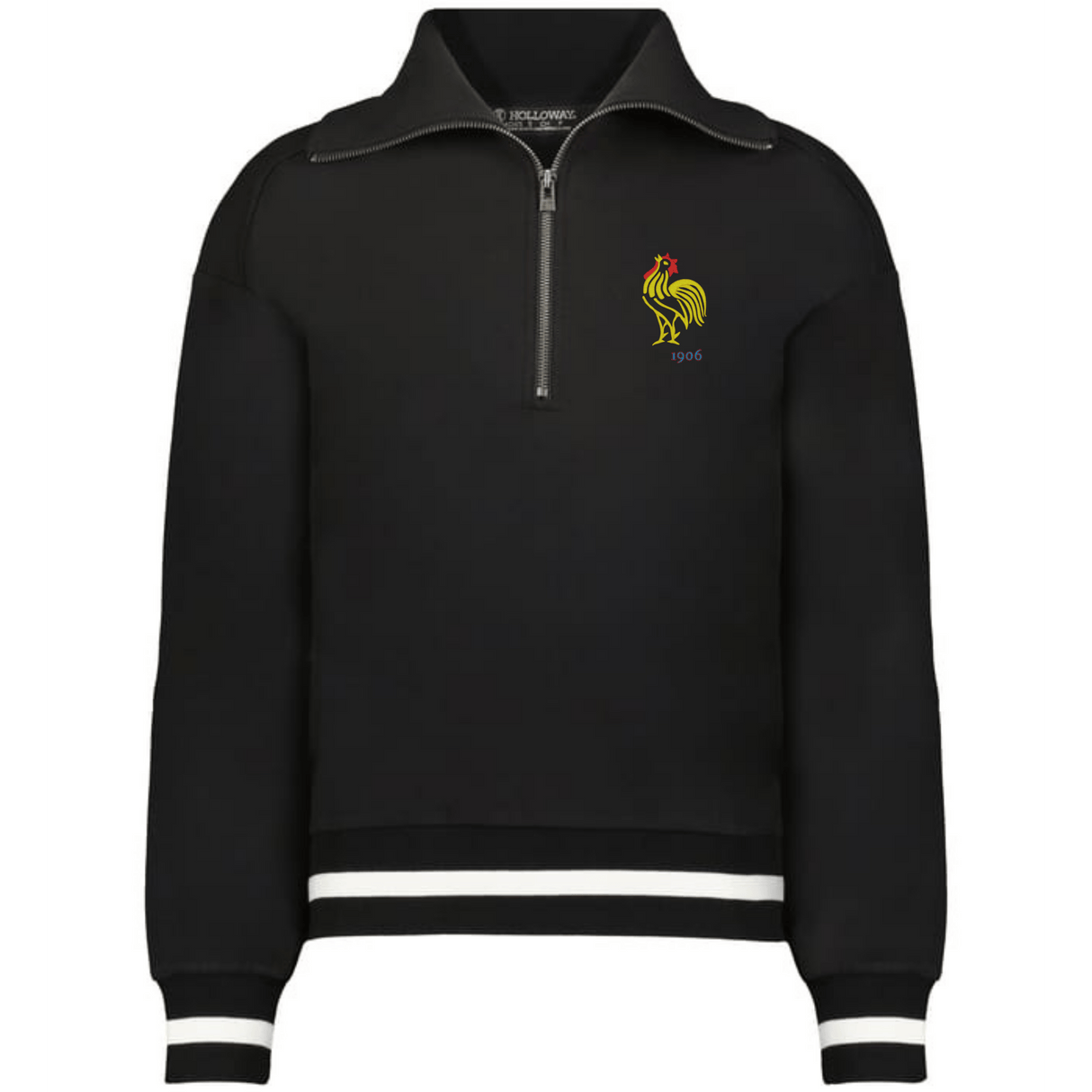The EMB Augusta Women's Vintage France Heritage Prep Pullover features a black quarter-zip design with white cuff and hem stripes, a yellow rooster emblem, and "1906" on the chest—classic nods to French heritage style.