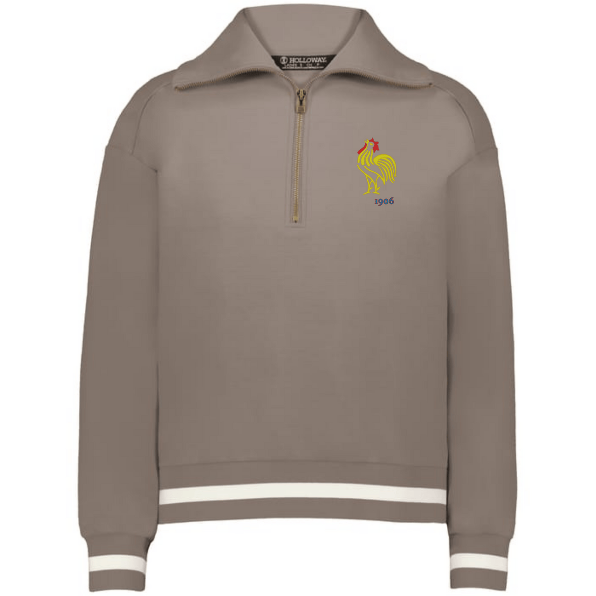 The EMB Augusta Women's Vintage France Heritage Prep Pullover features a beige quarter-zip, white striped cuffs and hem, and an embroidered yellow rooster with red star and "1906" on the left chest—a timeless classic.