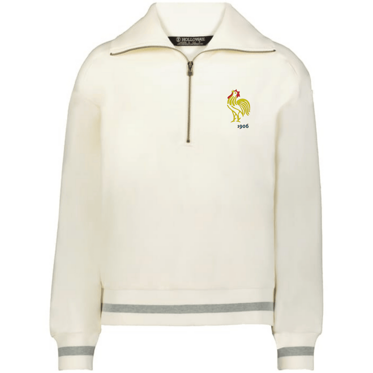 The EMB Augusta Women's Vintage France Heritage Prep Pullover features a cream quarter-zip design with a gold rooster, red star, and "1906" on the chest plus gray-striped cuffs and hem for a classic French-inspired look.