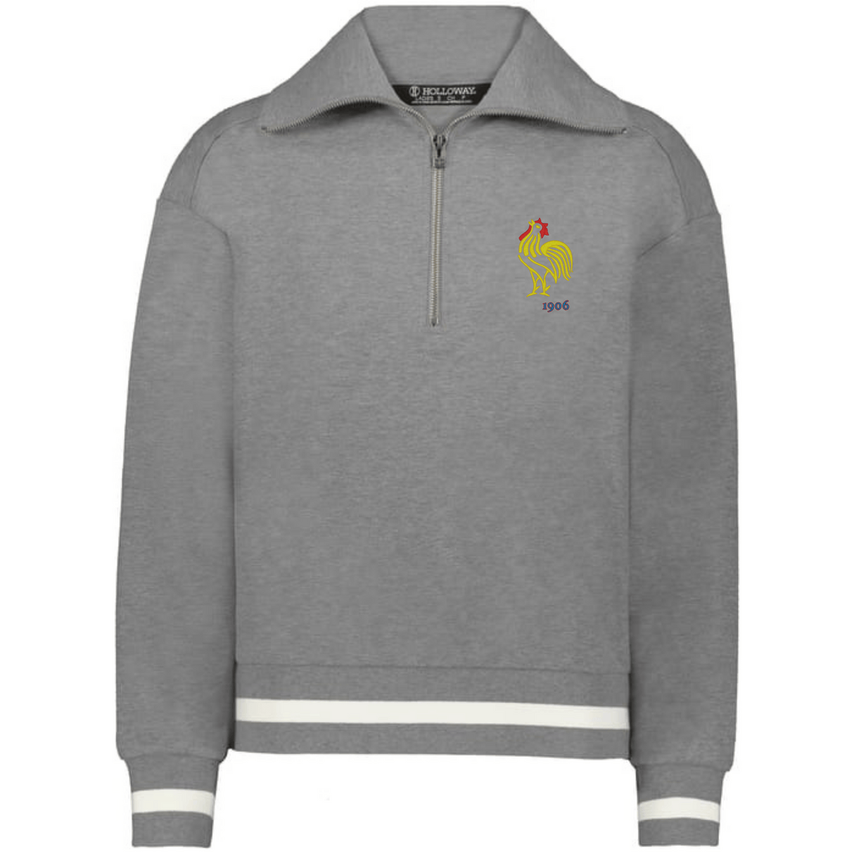 The EMB Augusta Women's Vintage France Heritage Prep Pullover is a grey quarter-zip sweatshirt with white-striped cuffs and hem, yellow rooster and "1906" embroidery on the left chest, inspired by vintage French style.