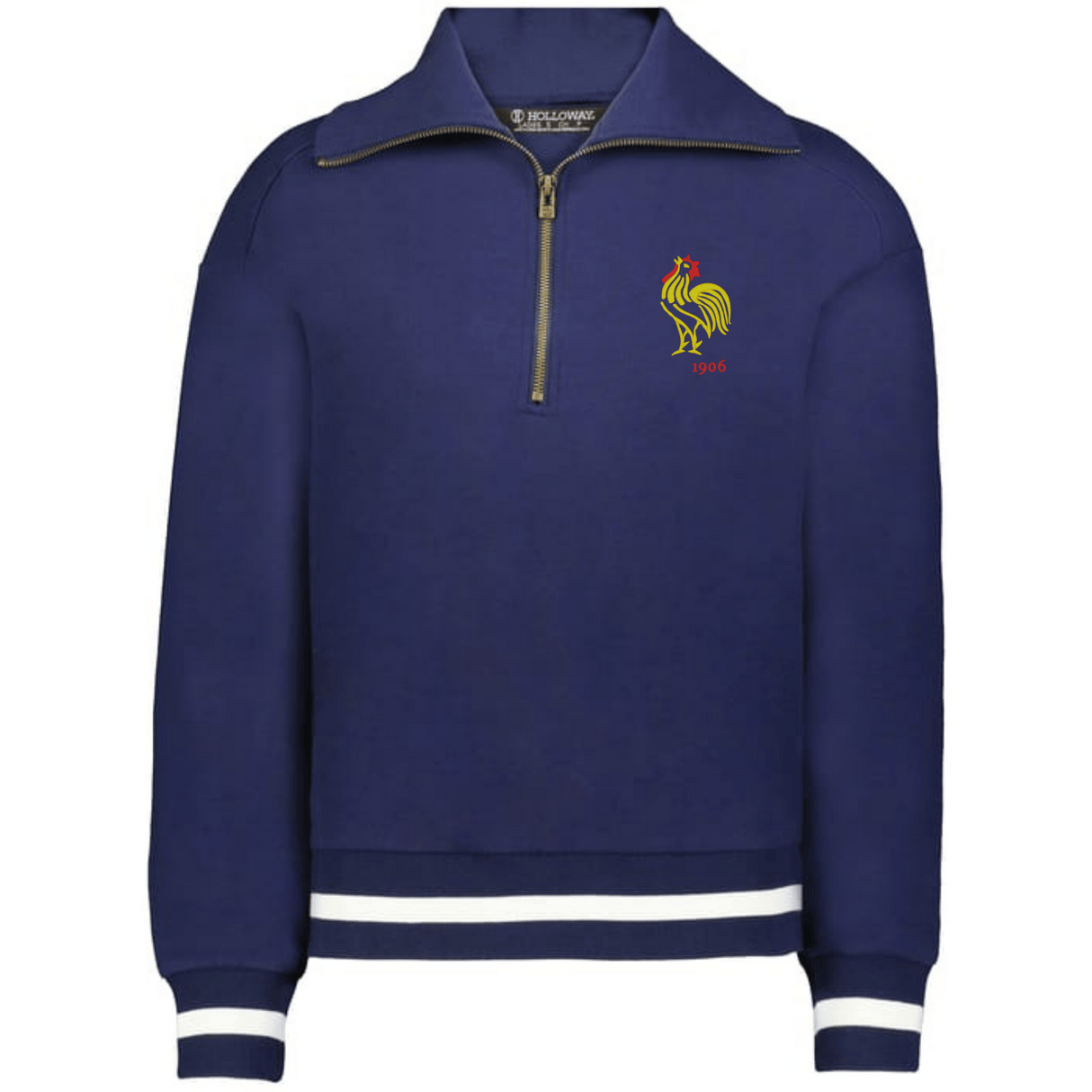 The EMB Augusta Women's Vintage France Heritage Prep Pullover features a navy blue quarter-zip, white striped cuffs and hem, and a yellow rooster with "1906" embroidered on the left chest.