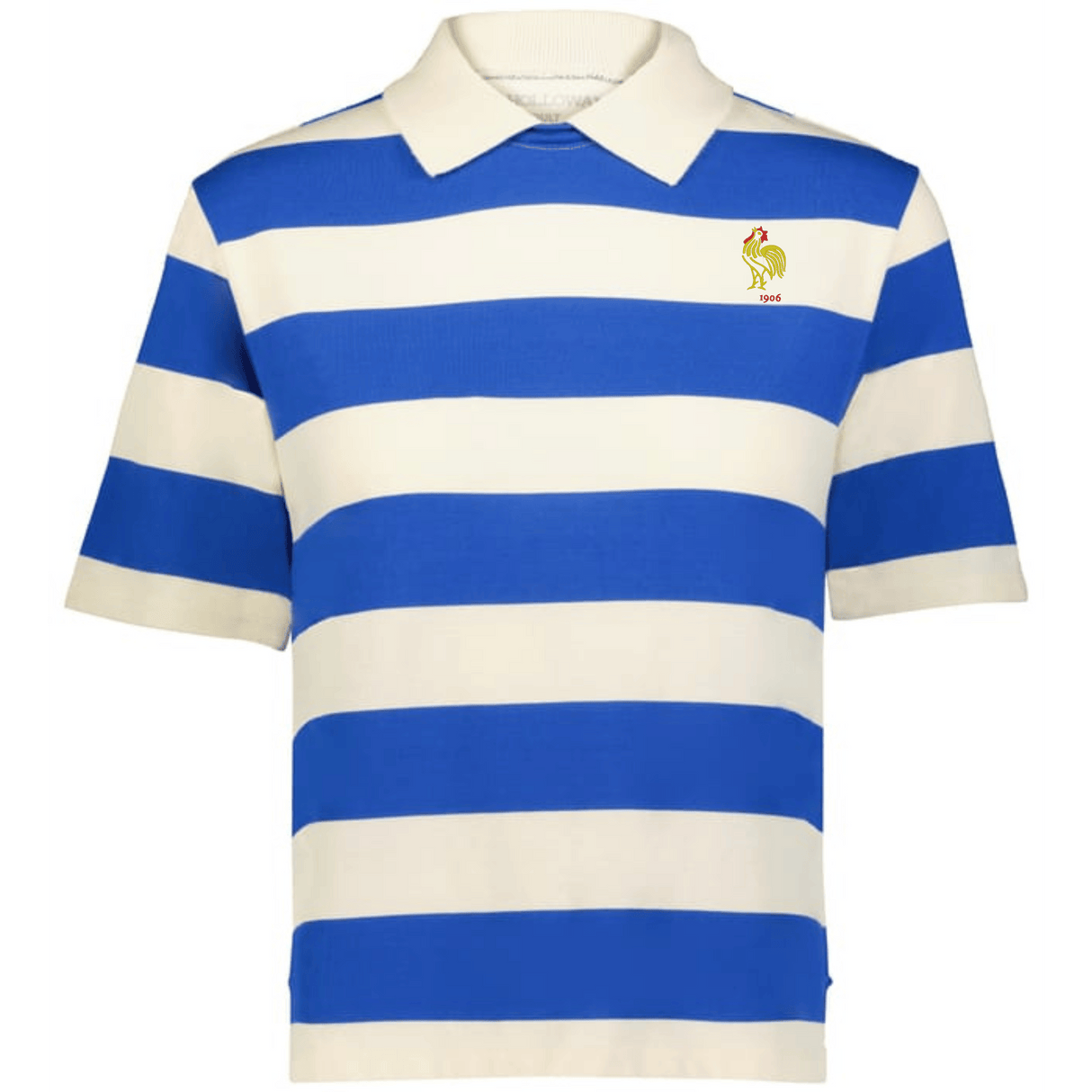 The EMB Augusta Women's Vintage France Prep Street Rugby Crop features short sleeves, blue and white stripes, a classic collar, and a small yellow rooster logo for a timeless prep street rugby style.