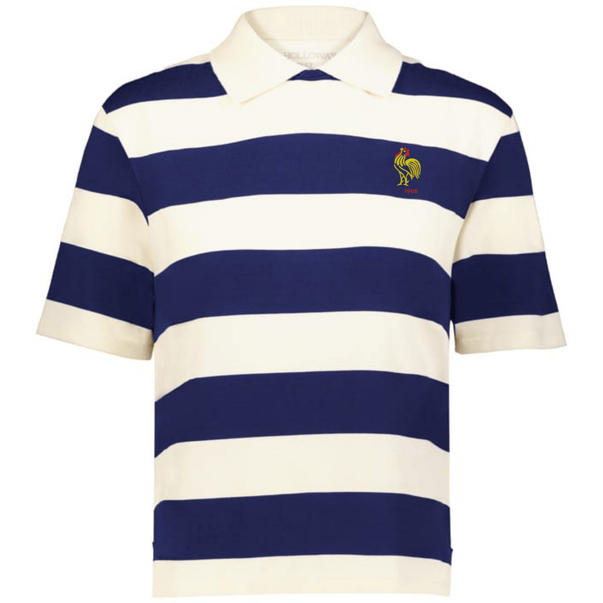 The EMB Augusta Women's Vintage France Prep Street Rugby Crop is a short-sleeve polo with wide navy and white stripes, plus a small yellow rooster emblem with "1919" on the left chest.