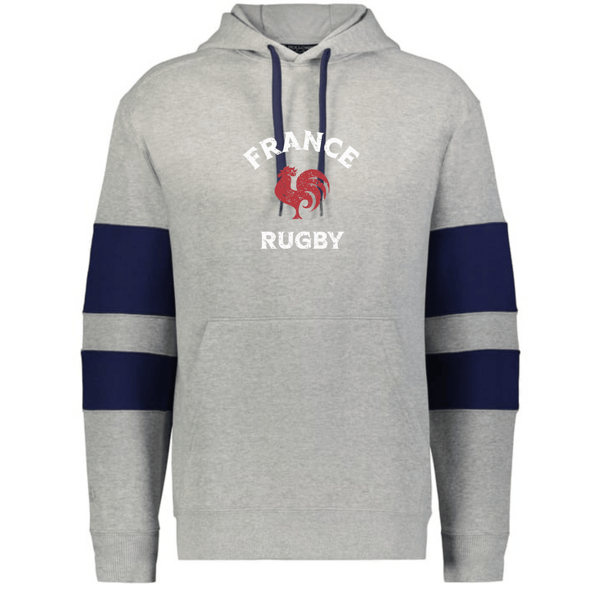 The WRS Augusta Nations of Rugby France Jackson Way Hoodie features grey fabric, navy sleeve stripes, a red rooster, and "France Rugby" on the chest—ideal for fans supporting France in the Nations of Rugby.