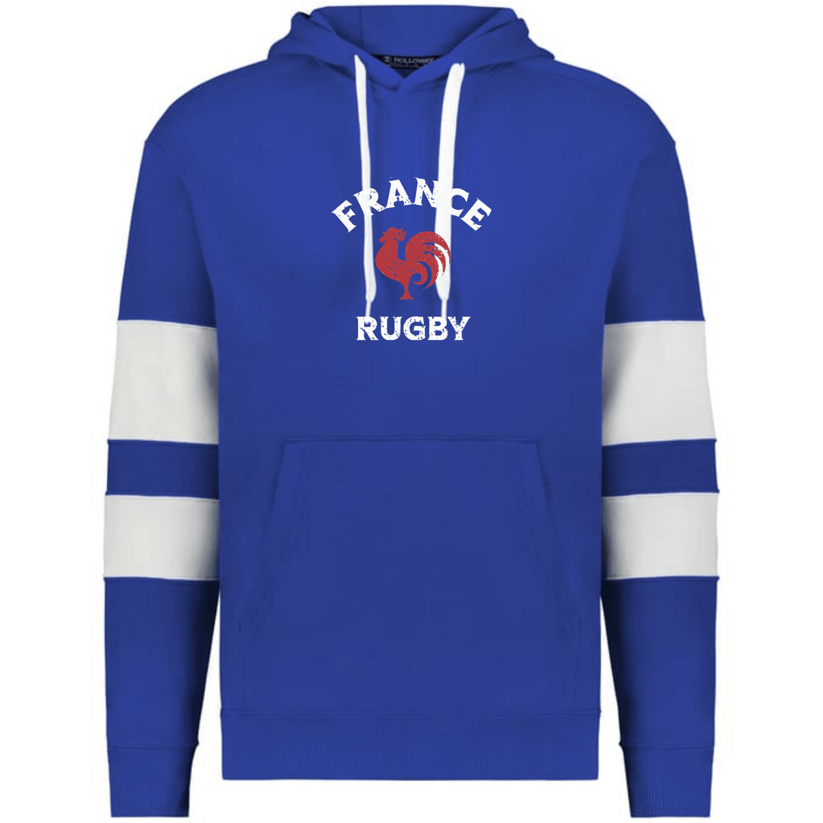 The WRS Augusta Nations of Rugby France Jackson Way Hoodie features blue with white drawstrings and arm stripes, a red rooster, and "FRANCE RUGBY" on the chest—a perfect tribute to French rugby pride.