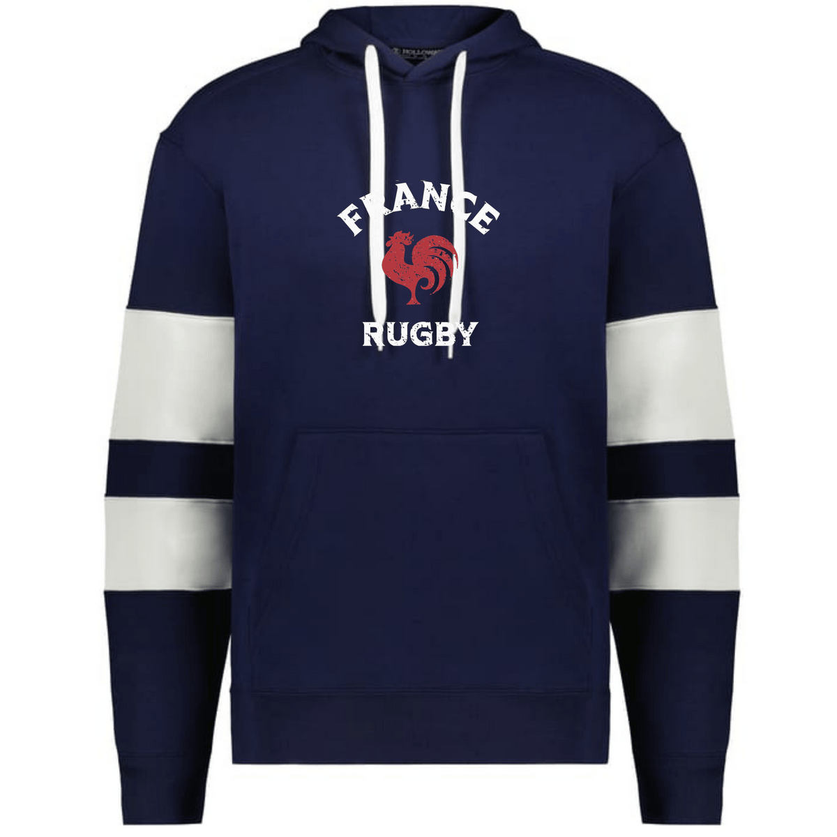 The Nations of Rugby France Jackson Way Hoodie by WRS Augusta features navy blue fabric, white drawstrings, white and navy sleeve stripes, and "FRANCE RUGBY" with a red rooster—ideal for dedicated Rugby France supporters.