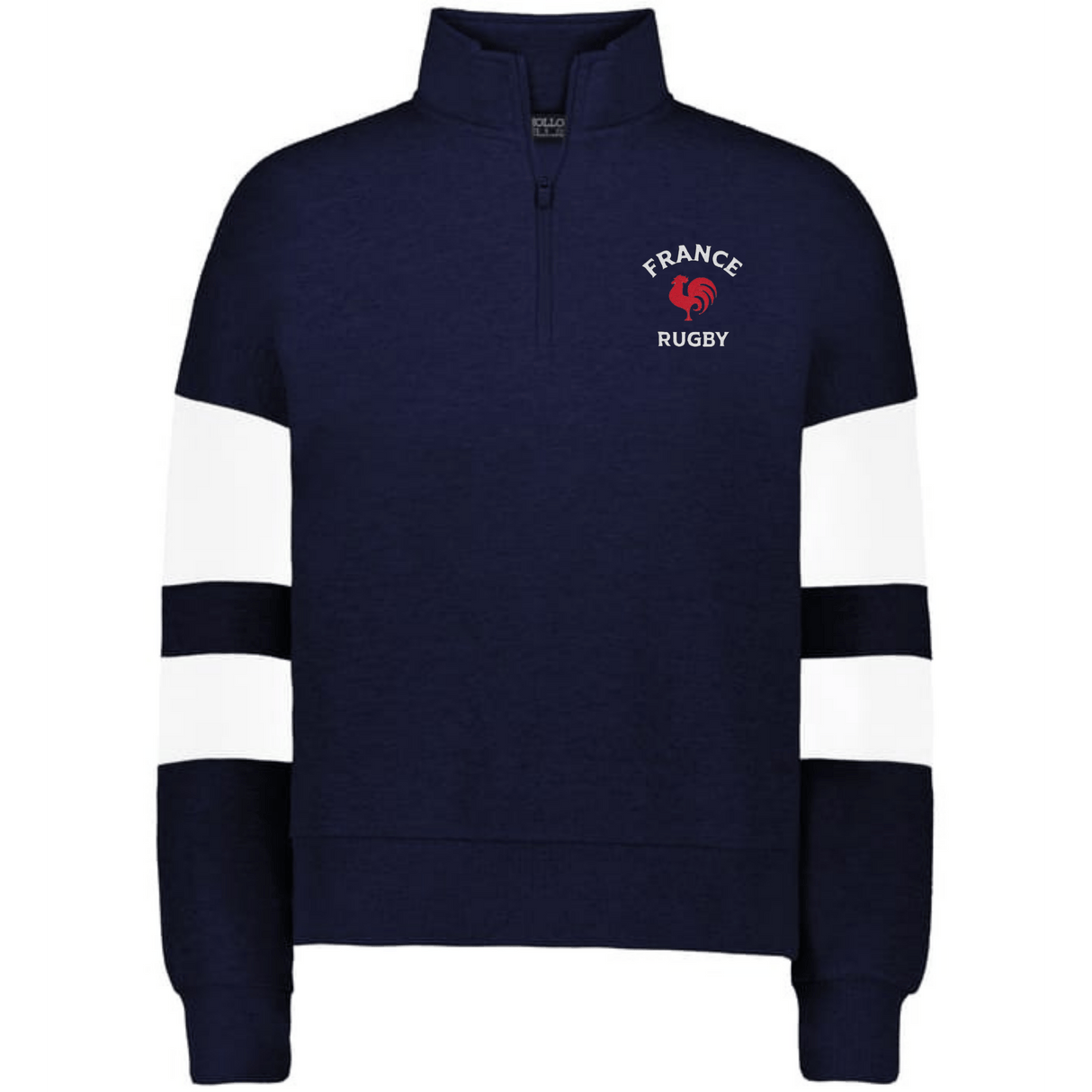 The EMB Augusta Women's Nations of Rugby France Jackson Way Pullover features a navy blue quarter-zip design with white sleeve stripes and "France Rugby" text plus a red rooster logo on the left chest—ideal for fans of women's France rugby.