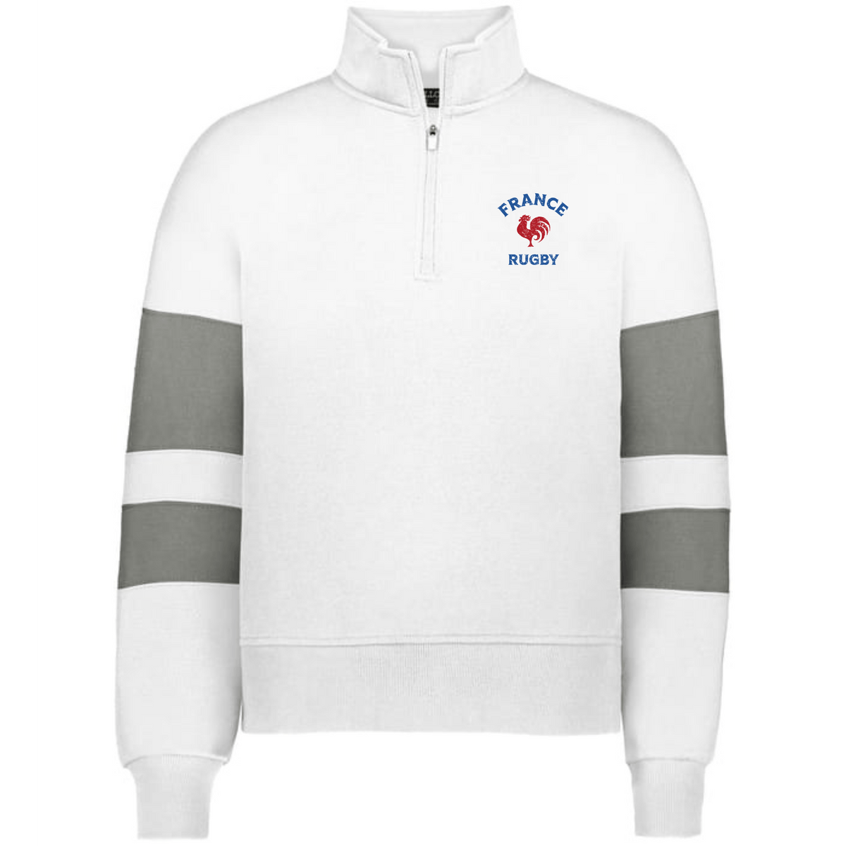 Show your team pride in the EMB Augusta Women's Nations of Rugby France Jackson Way Pullover, a cropped fleece with grey sleeve stripes and a "France Rugby" rooster logo—perfect stylish apparel for dedicated rugby fans.