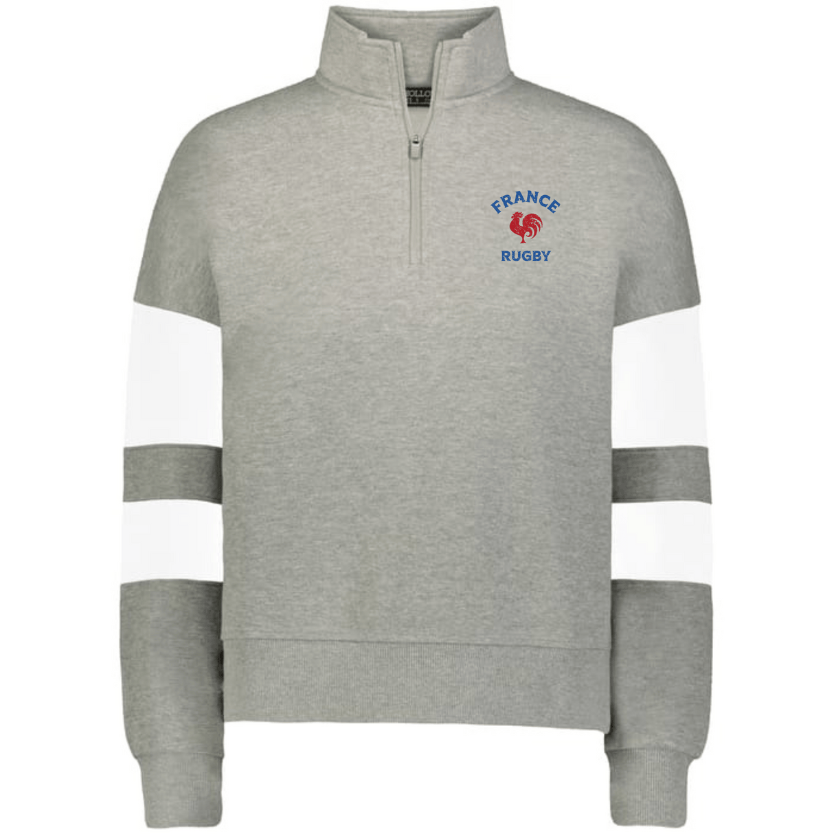 The EMB Augusta Women's Nations of Rugby France Jackson Way Pullover is a gray quarter-zip with white sleeve stripes and a red rooster "France Rugby" logo—perfect cropped fleece for showing your support.