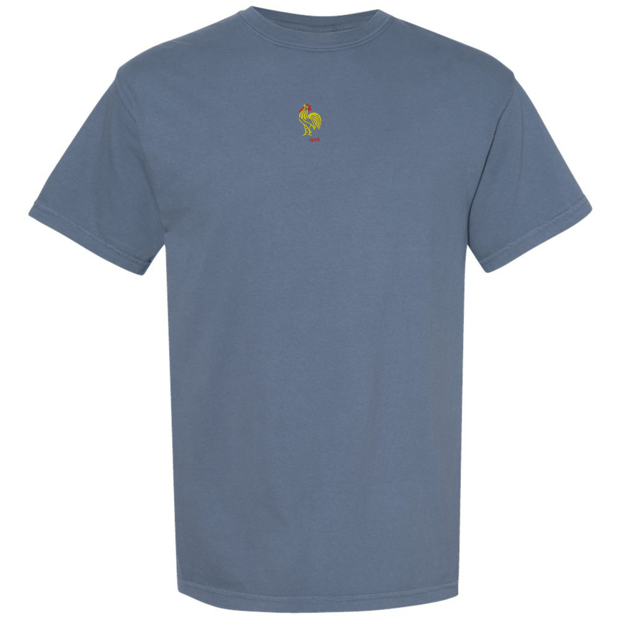 The France Vintage Comfort Tee by EMB S&S Activewear is a classic blue heavyweight shirt featuring a small, colorful rooster graphic on the upper chest—an ideal addition to any rugby fan’s collection.