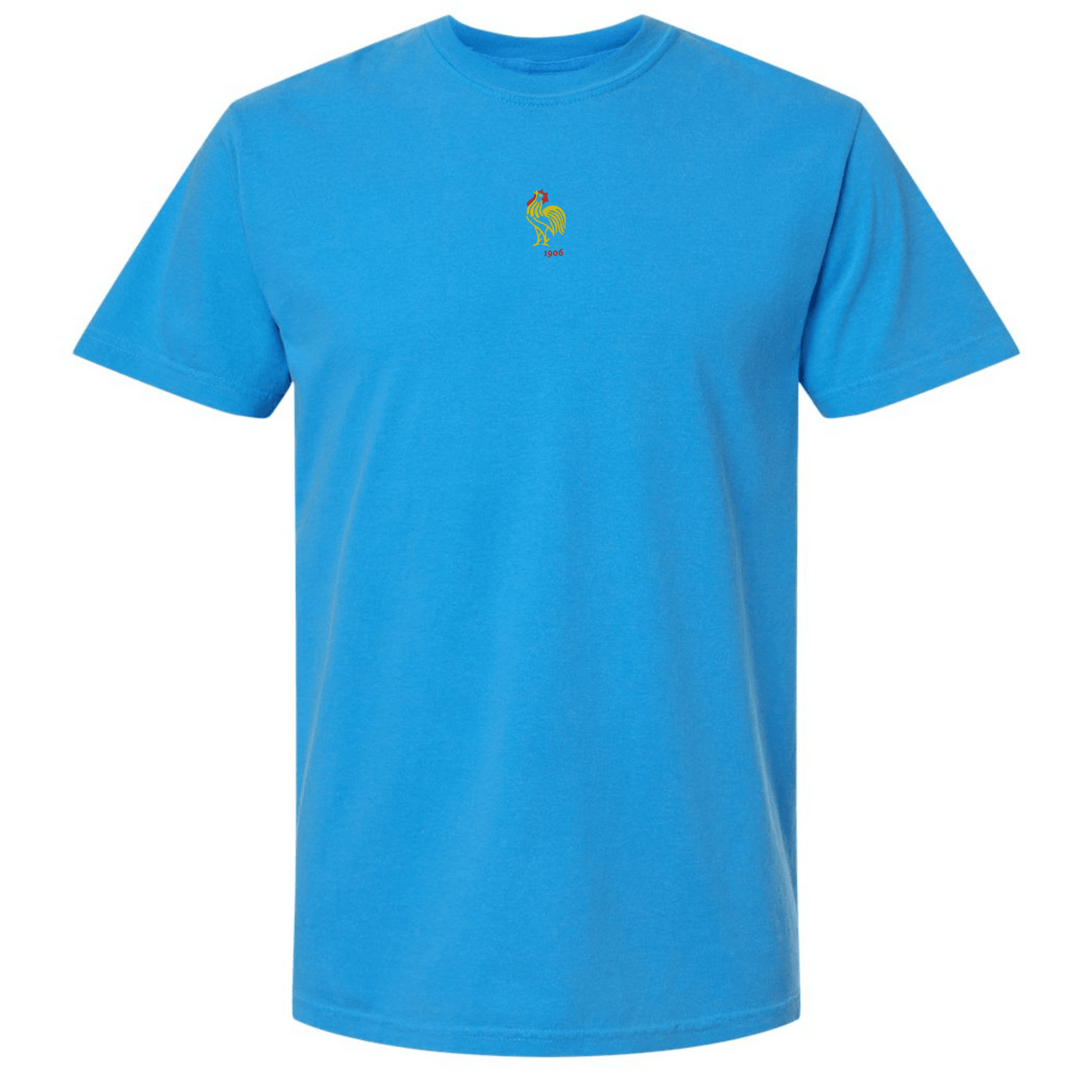 The France Vintage Comfort Tee by EMB S&S Activewear is a blue short-sleeve shirt featuring a small multicolored rooster logo and "cock" on the chest—ideal for rugby fans who value both style and comfort.